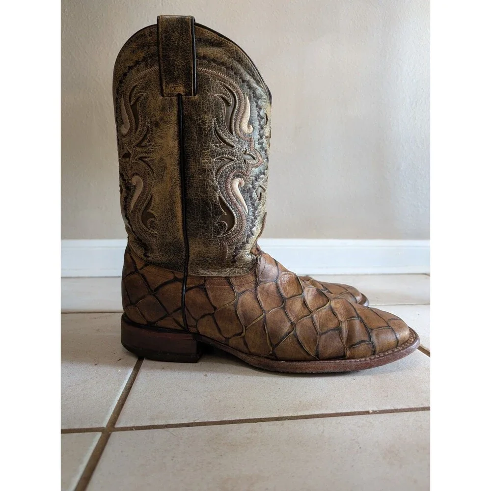 Soto Pirarucu Cowboy Boots Men's Size 9.5 Leather Brown Fish Exotic